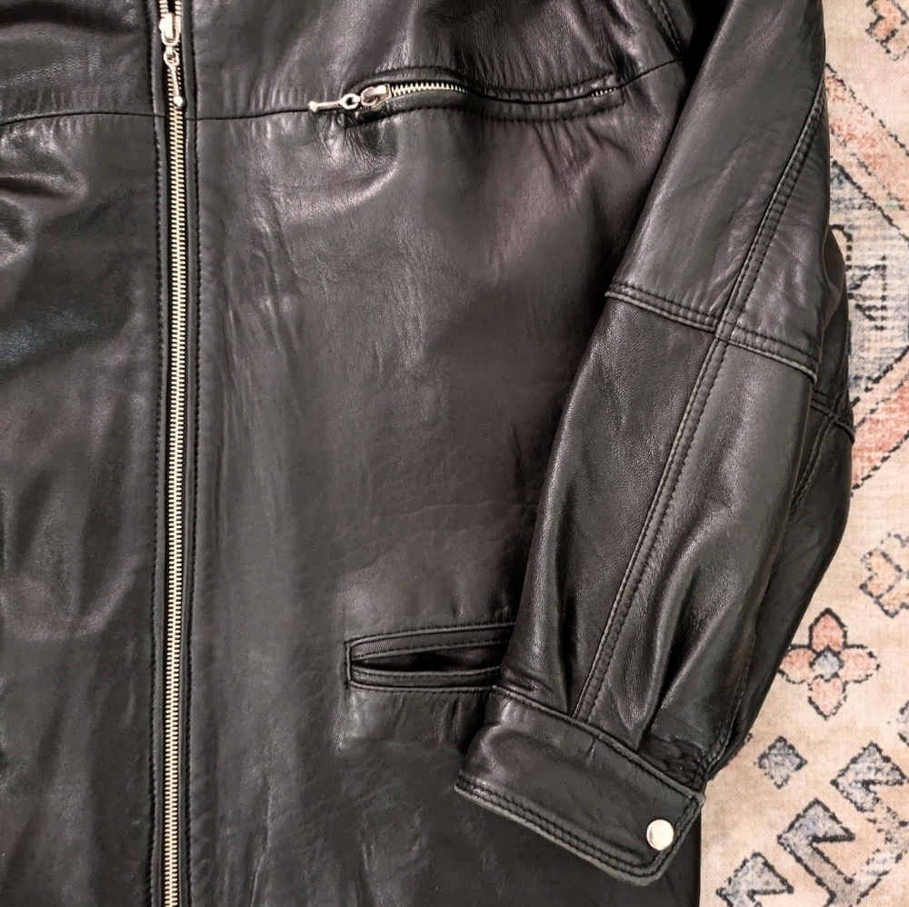 90s Grunge Oversized Style Black Leather Jacket Coat Large Mens Size 38 - Picture 4 of 11
